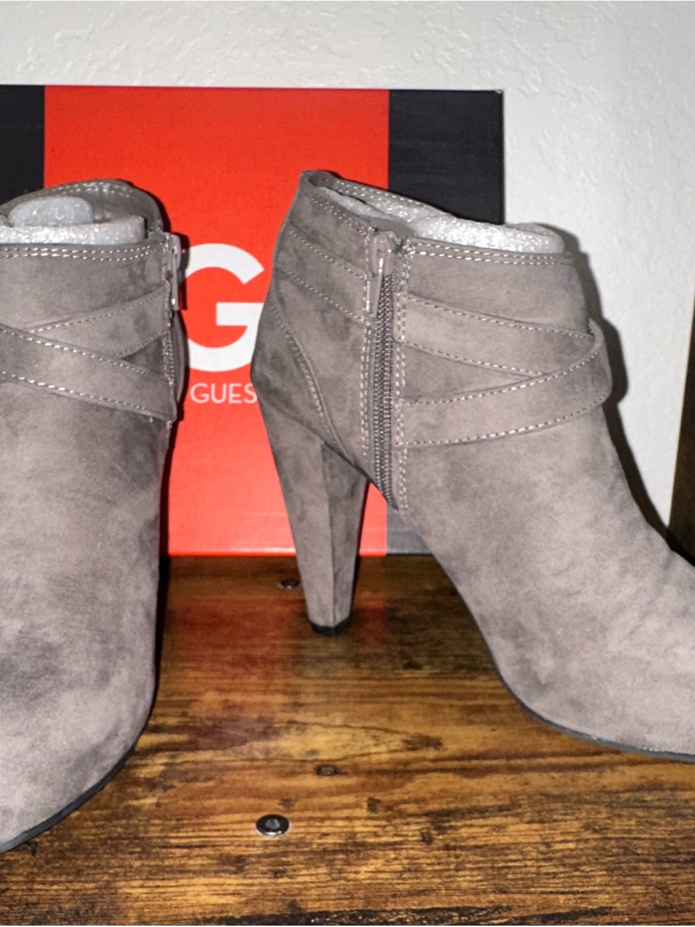 GUESS Taupe Suede High Heel Ankle Boots
